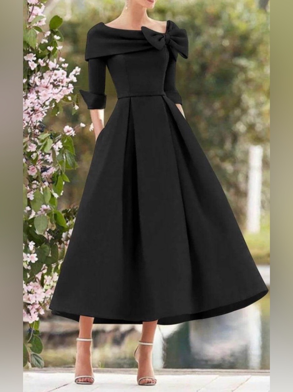 Elegant Black Off-Shoulder Tea-Length Dress